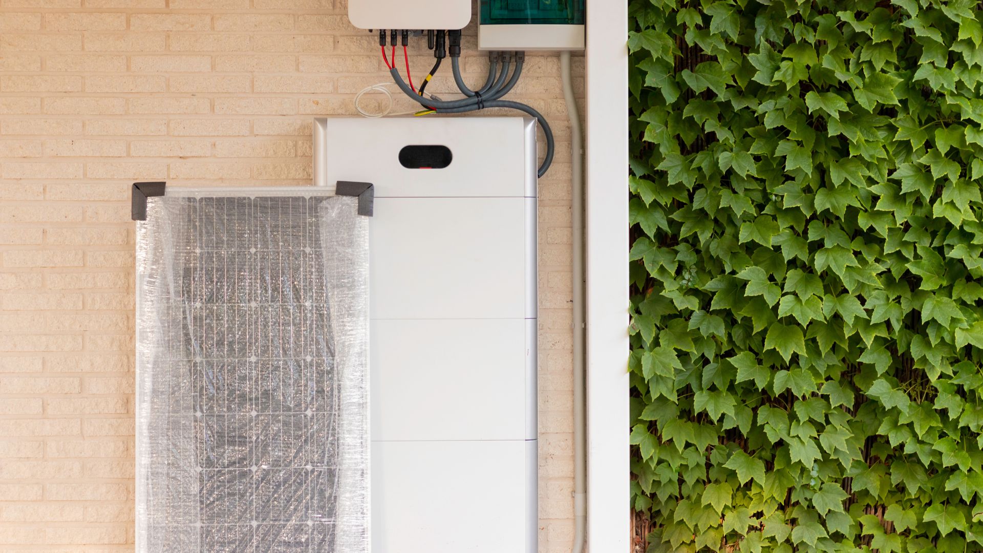 Solar panel and battery storage system mounted on brick wall near ivy